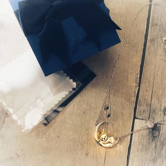 Two- Tone Sterling Silver Sleepy Time Bear On Moon Necklace - Picture 2 of 4